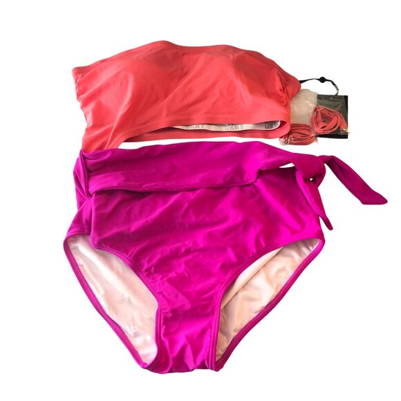 DKNY One Piece Swimsuit Removable Strap Cutouts Tie Waist Colorblock Pink 12 - Picture 3 of 6